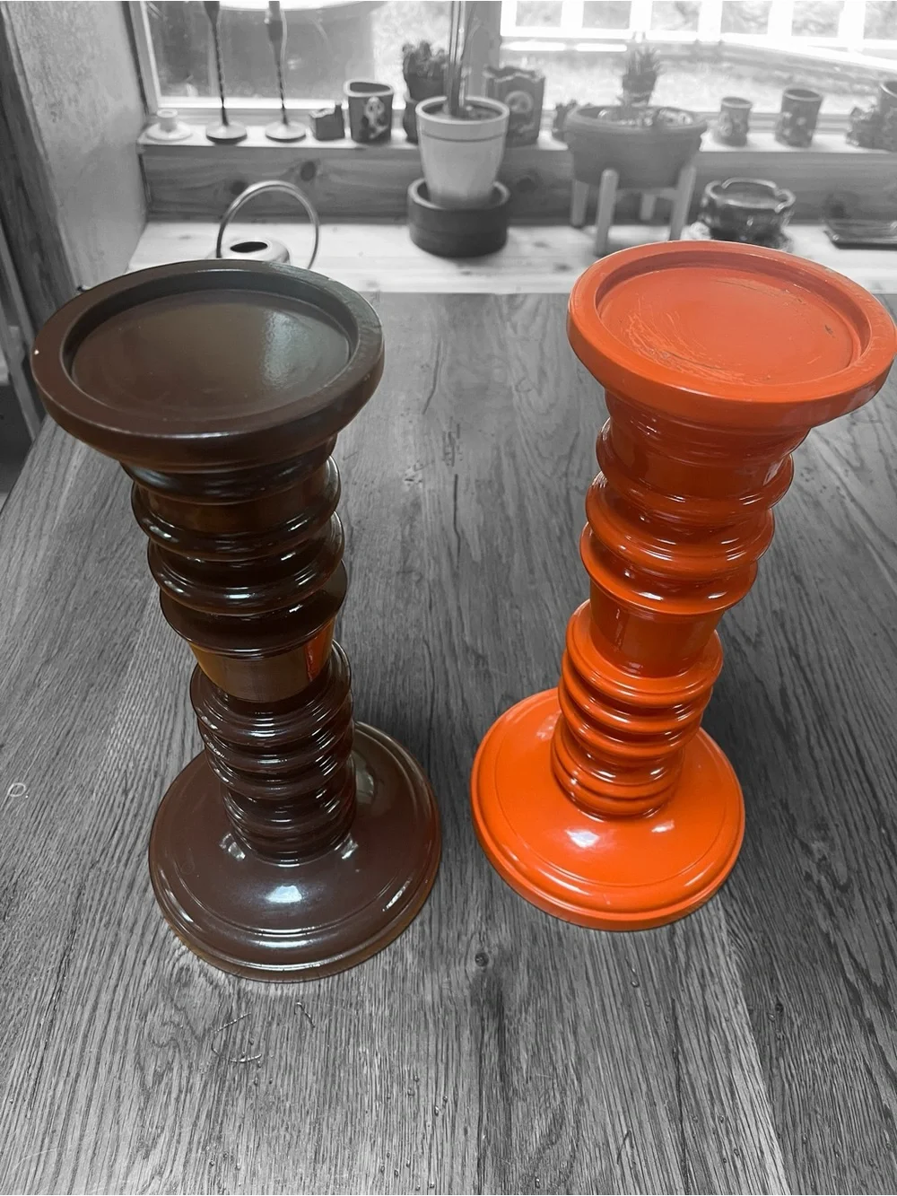 Pottery Barn Orange and Brown Turned Wood Candle Holders, Pair - 11.25” tall